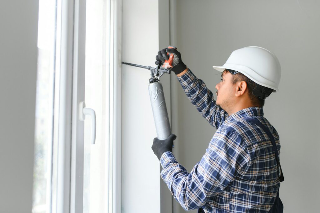 Indian worker using a silicone tube for repairing of window indoor